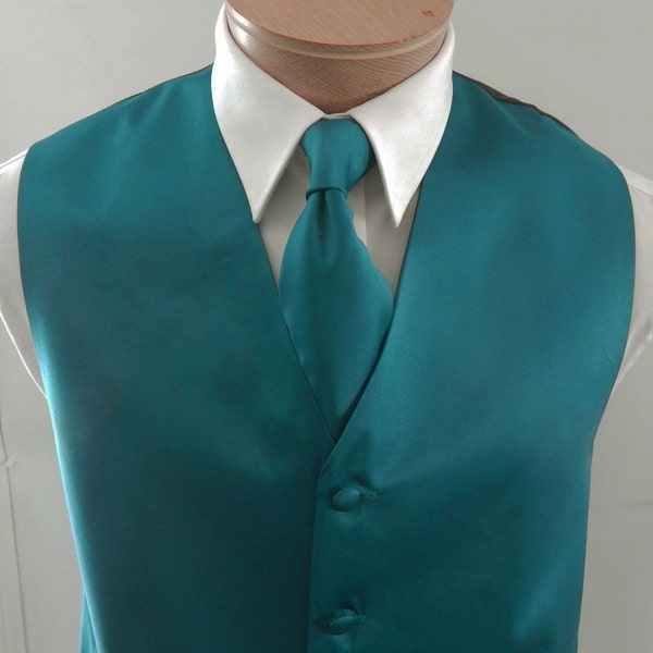 Mens Weste Teal Blue Glatte Satin und bedeckte Knöpfe Weste kommt mit passender Krawatte und Einstecktuch verstellbaren schwarzen Rücken