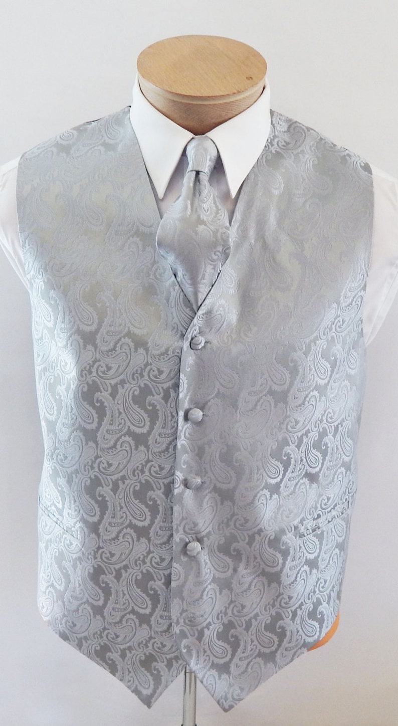 Mens Vest Silver Tone On Tone Satin Paisley Vest Tie And Pocket Square Set
