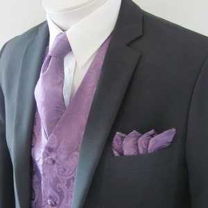 Mens Vest  Tone On Tone Satin Dusty Purple Lavender Paisley Vest Tie And Pocket Square Set