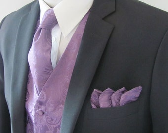 Mens Vest  Tone On Tone Satin Dusty Purple Lavender Paisley Vest Tie And Pocket Square Set