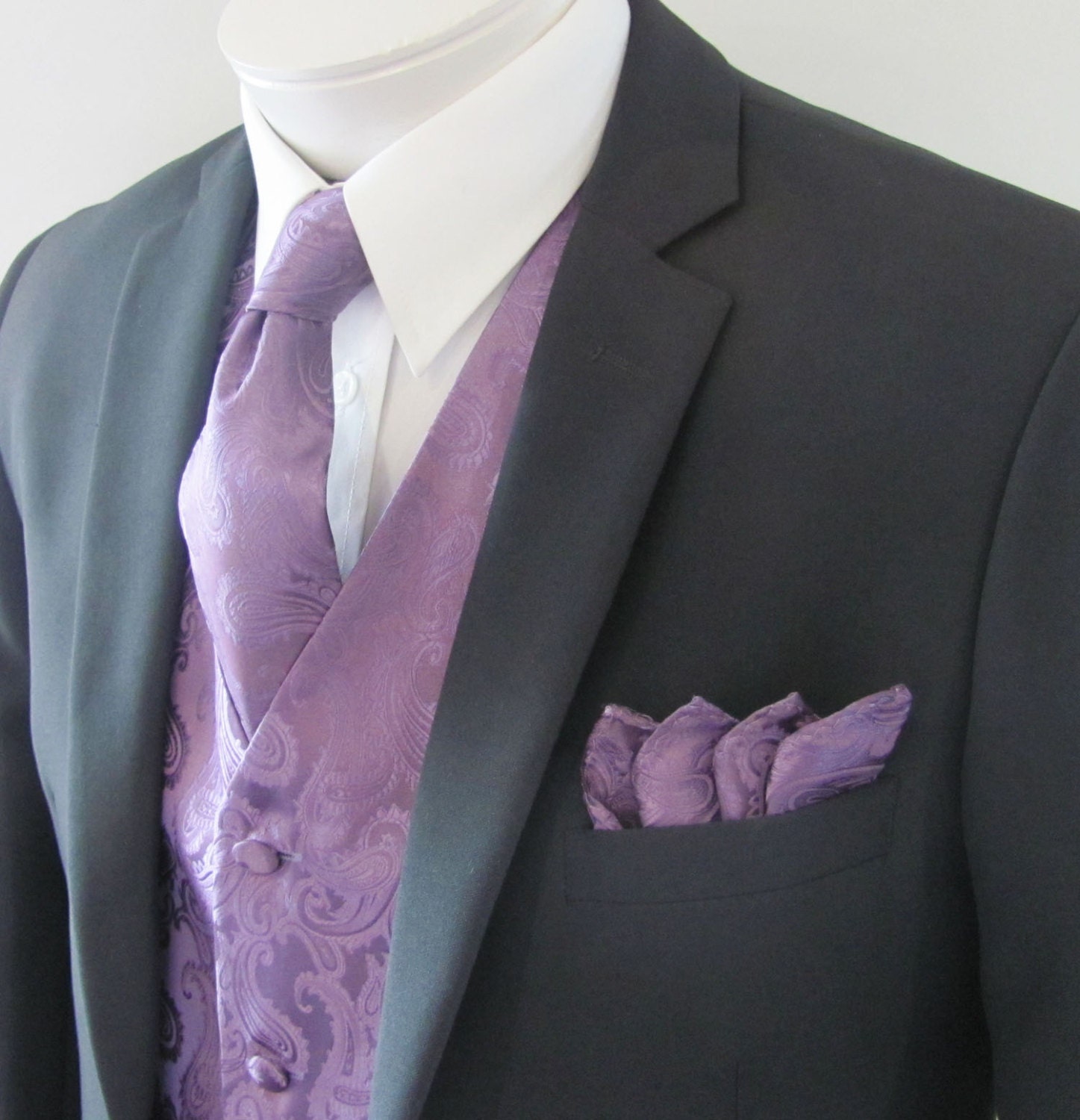 on and Paisley Etsy Satin Set Mens - Dusty Tie Tone Pocket Square Vest Lavender Purple Tone Vest