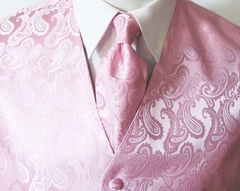 Mens Vest Soft Pink Tone On Tone Satin Paisley Vest Tie And Pocket Square Set