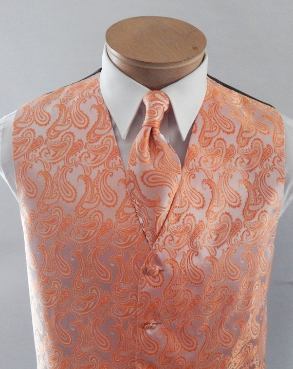 Chaleco de hombre melon en tono de melocoton medio en tono satinado Paisley chaleco corbata y bolsillo cuadrado conjunto Etsy Mexico