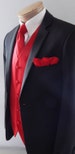 Mens Vest Red Smooth Satin And covered buttons Vest Comes With Matching Tie And Pocket Square Black Adjustable Back