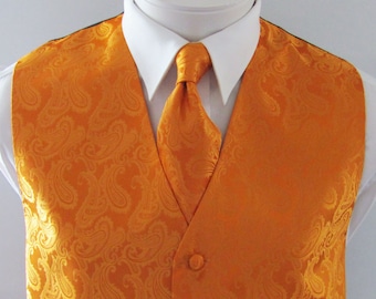 Mens Vest Burnt Orange Tone On Tone Satin Paisley Mans Vest Tie And Pocket Square Set