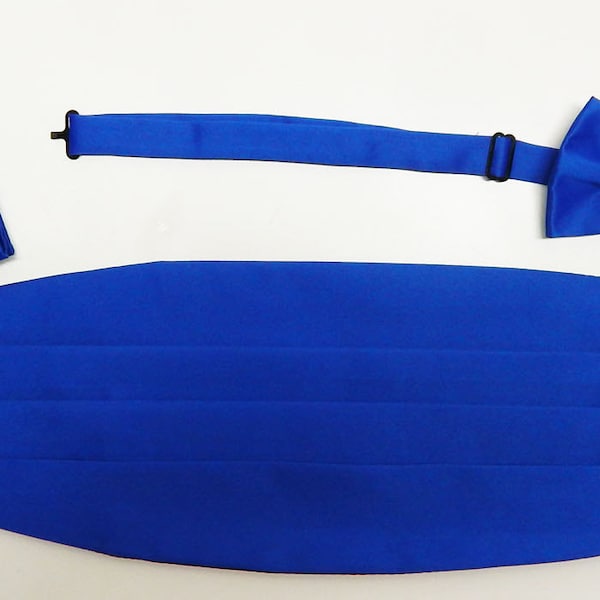Mens  Royal Blue Cummerbund Set Adjustable Belt And Tie With Matching Pocket Square