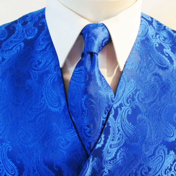 Clearance Sale Size XS S XL Mens Vest Royal Blue Tone On Tone Satin Paisley Vest Tie And Pocket Square Set