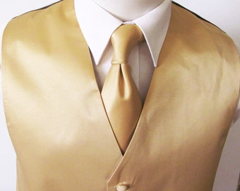 24K Gold Smooth Satin And covered buttons Vest Comes With Matching Tie And Pocket Square Black Adjustable Back
