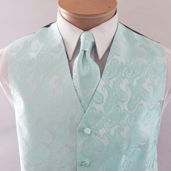 Mens Vest Pool Blue Robin Egg BlueTone On Tone Satin Paisley Vest Tie And Pocket Square Set