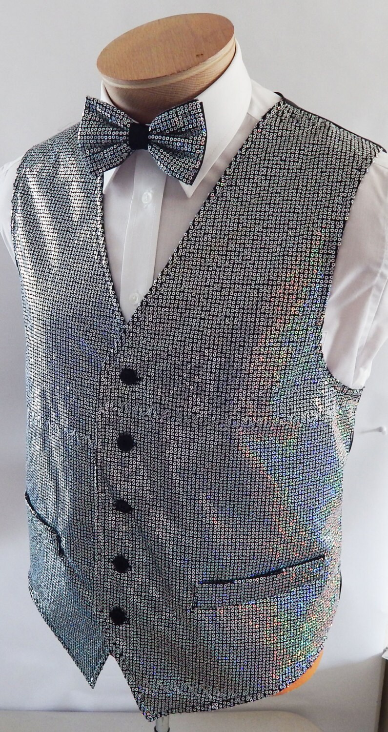 Mens Silver Sequin Vest and Bow Tie Set Etsy UK