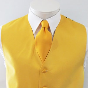 Mens Vest Poppy Yellow Smooth Satin And covered buttons Vest Comes With Matching Tie And Pocket Square With Black Adjustable Back