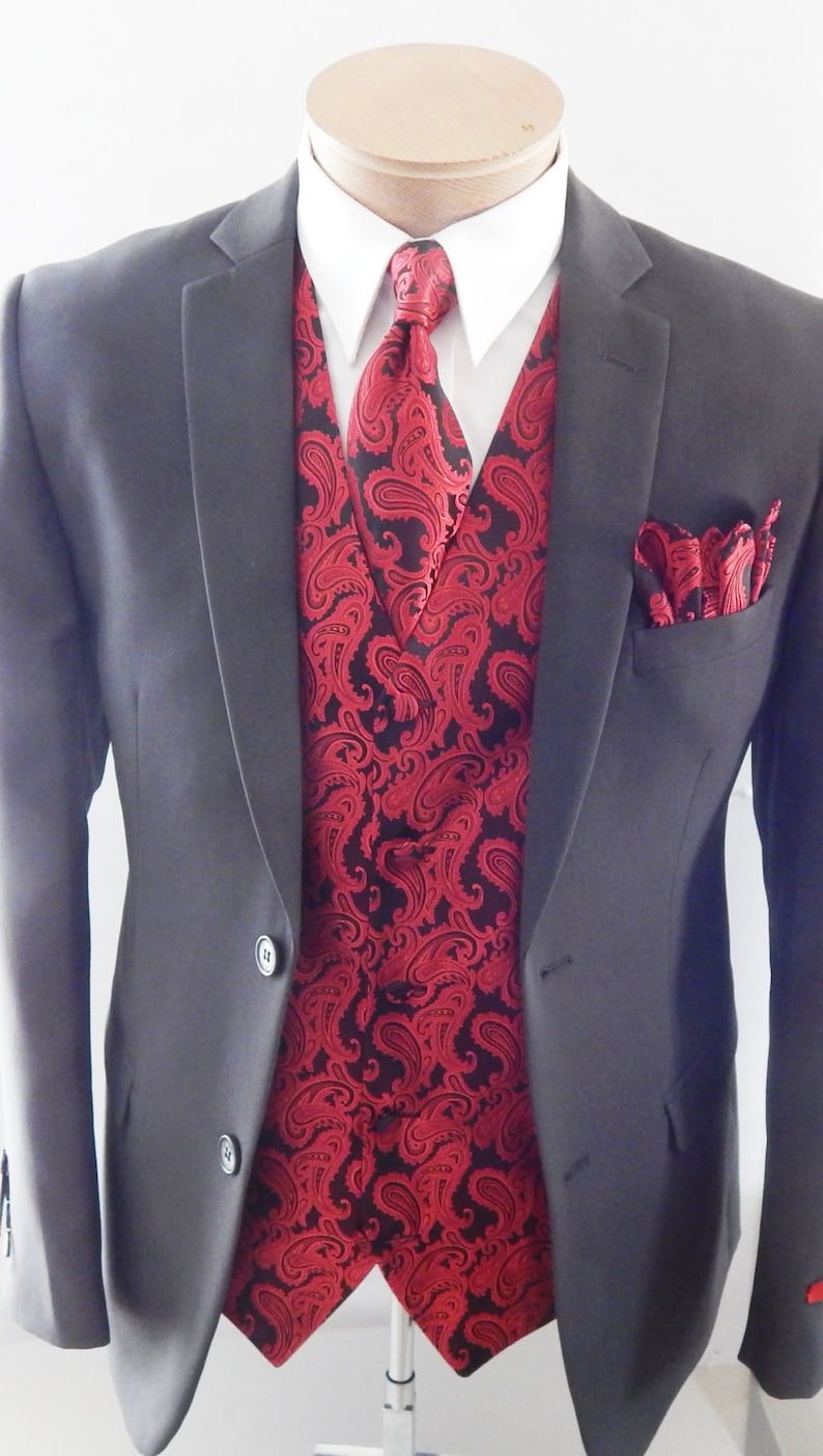 Mens Vest Red on Black Tone on Tone Satin Paisley Vest Tie and Etsy