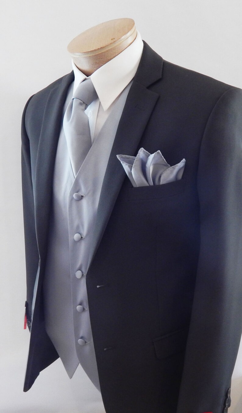 Mens Vest Silver Satin And Covered Buttons Vest Comes With Matching Tie And Pocket Square