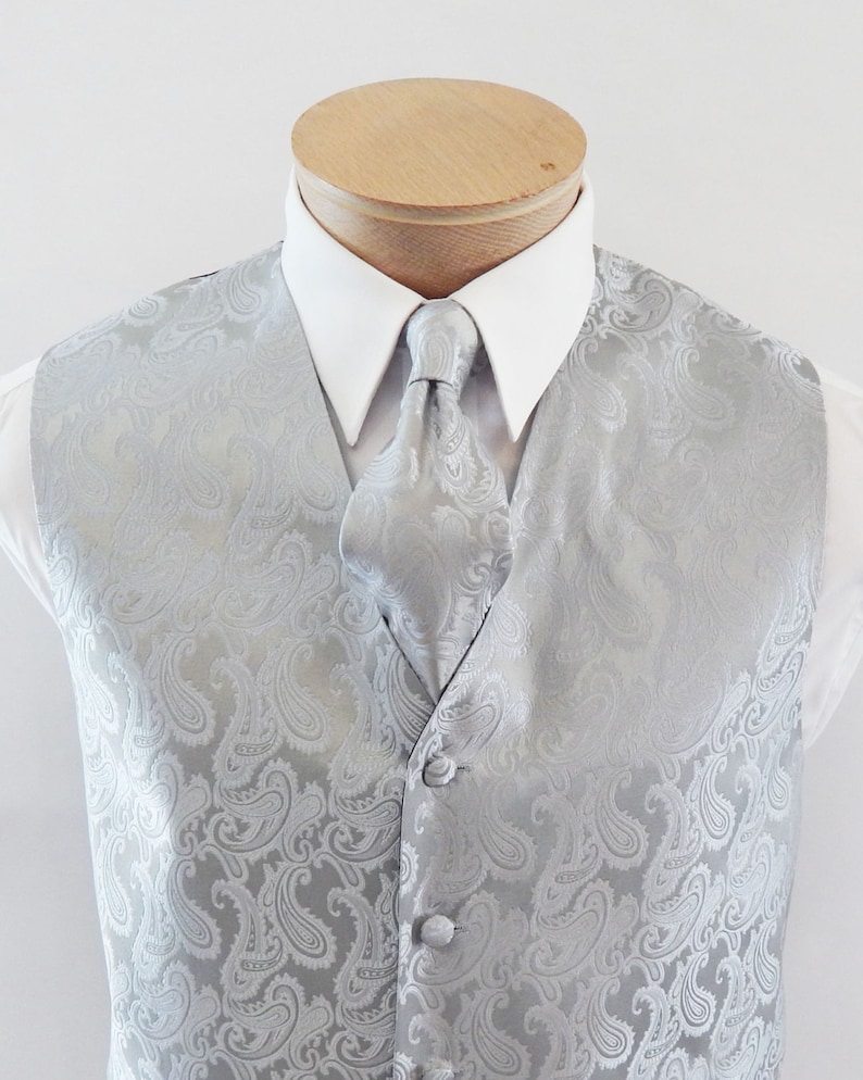 Mens Vest Silver Tone On Tone Satin Paisley Vest Tie And Pocket Square Set