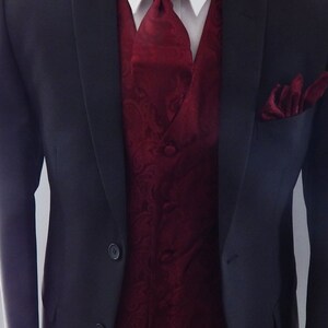 Mens Vest Burgundy Tone On Tone Satin Paisley Vest Tie And Pocket Square Set image 4