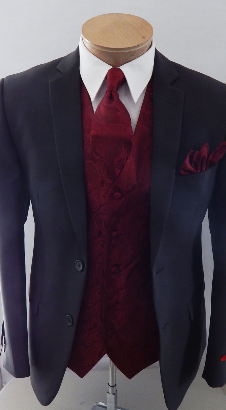 Mens Vest Burgundy Tone On Tone Satin Paisley Vest Tie And Pocket Square Set image 4