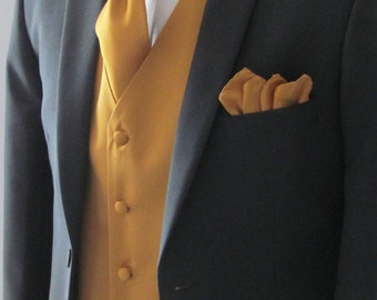 Mens Vest Mustard Gold Smooth Satin And Material  Covered Buttons Mans Vest Comes With Matching Tie And Pocket Square  Black Adjustable Back