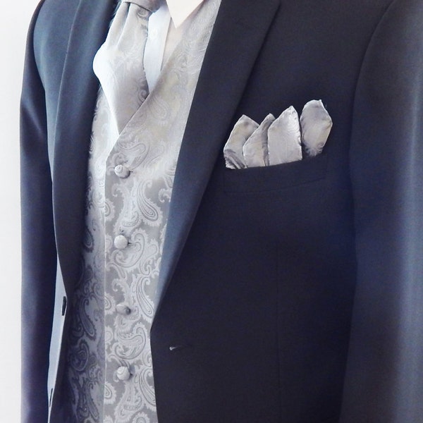 Mens Vest Silver  Tone On Tone Satin Paisley Vest Tie And Pocket Square Set