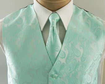 Mens Vest Pastel Mint  Tone On Tone Satin Paisley Vest Tie And Pocket Square Set