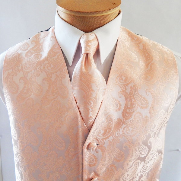 Mens Vest Light Peach  Tone On Tone Satin Paisley Vest Tie And Pocket Square Set