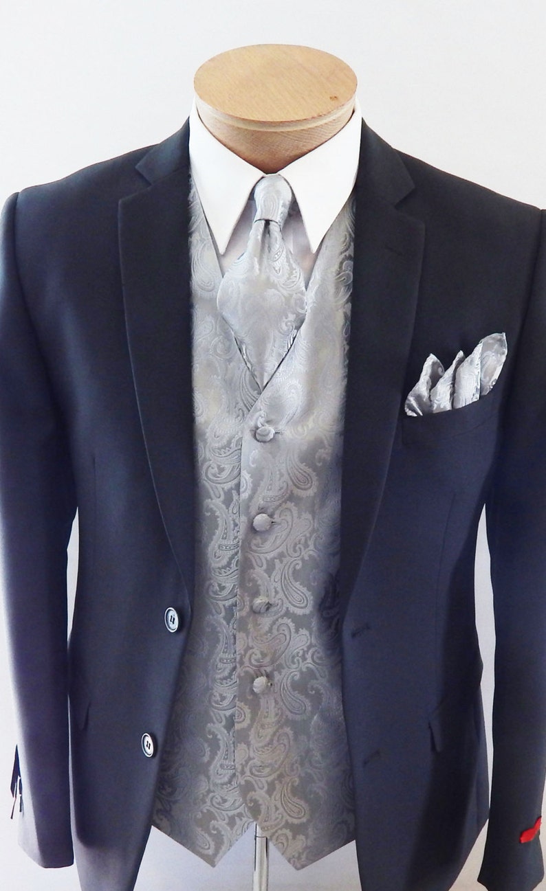 Mens Vest Silver Tone On Tone Satin Paisley Vest Tie And Pocket Square Set