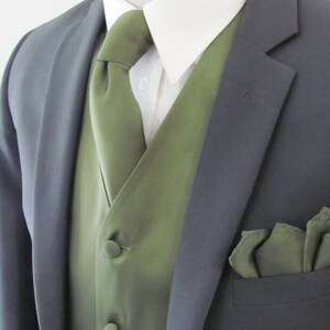 Mens Vest Olive Green  With Covered Buttons Vest Comes With Matching Tie And Pocket Square  Black Adjustable Back