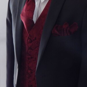 Mens Vest Burgundy Tone On Tone Satin Paisley Vest Tie And Pocket Square Set image 2