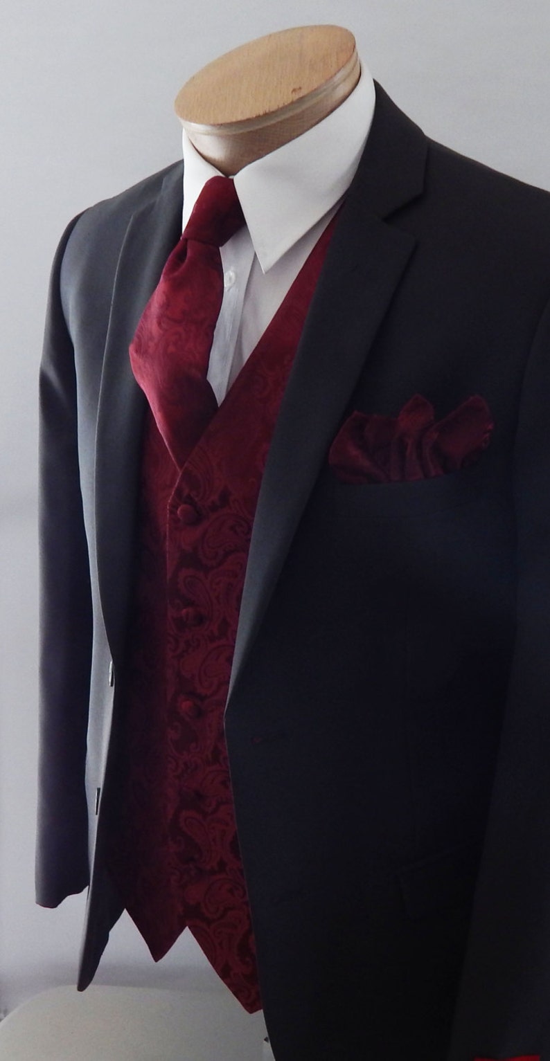 Mens Vest Burgundy Tone On Tone Satin Paisley Vest Tie And Pocket Square Set image 2