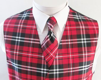 Mens Vest Red Black White And Silver Plaid Tartan Full Back 2 Piece Vest