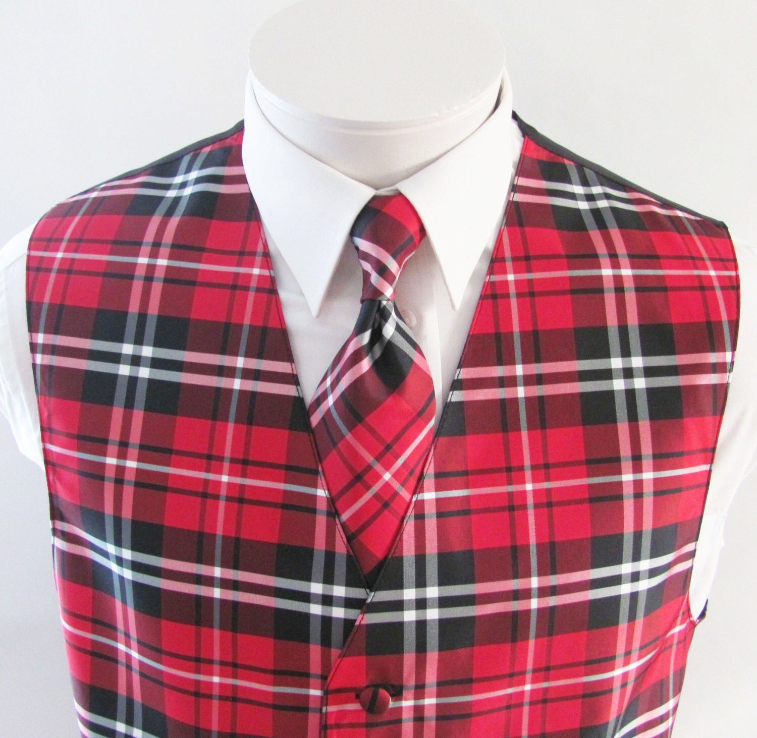 Mens Vest Red Black White and Silver Plaid Tartan Full Back 2