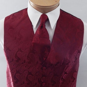 Mens Vest Burgundy Tone On Tone Satin Paisley Vest Tie And Pocket Square Set image 1