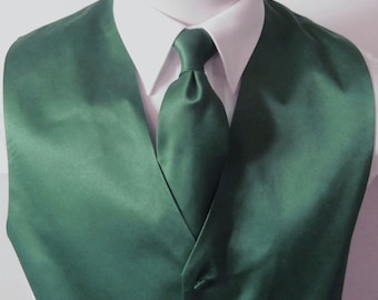 Mens Vest Forest Green  Smooth Satin With covered buttons Vest Comes With Matching Tie And Pocket Square Black Adjustable Back