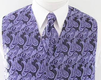 Mens Vest  Purple And Lavender On Black Tone On Tone Satin Paisley Vest Tie And Pocket Square Set