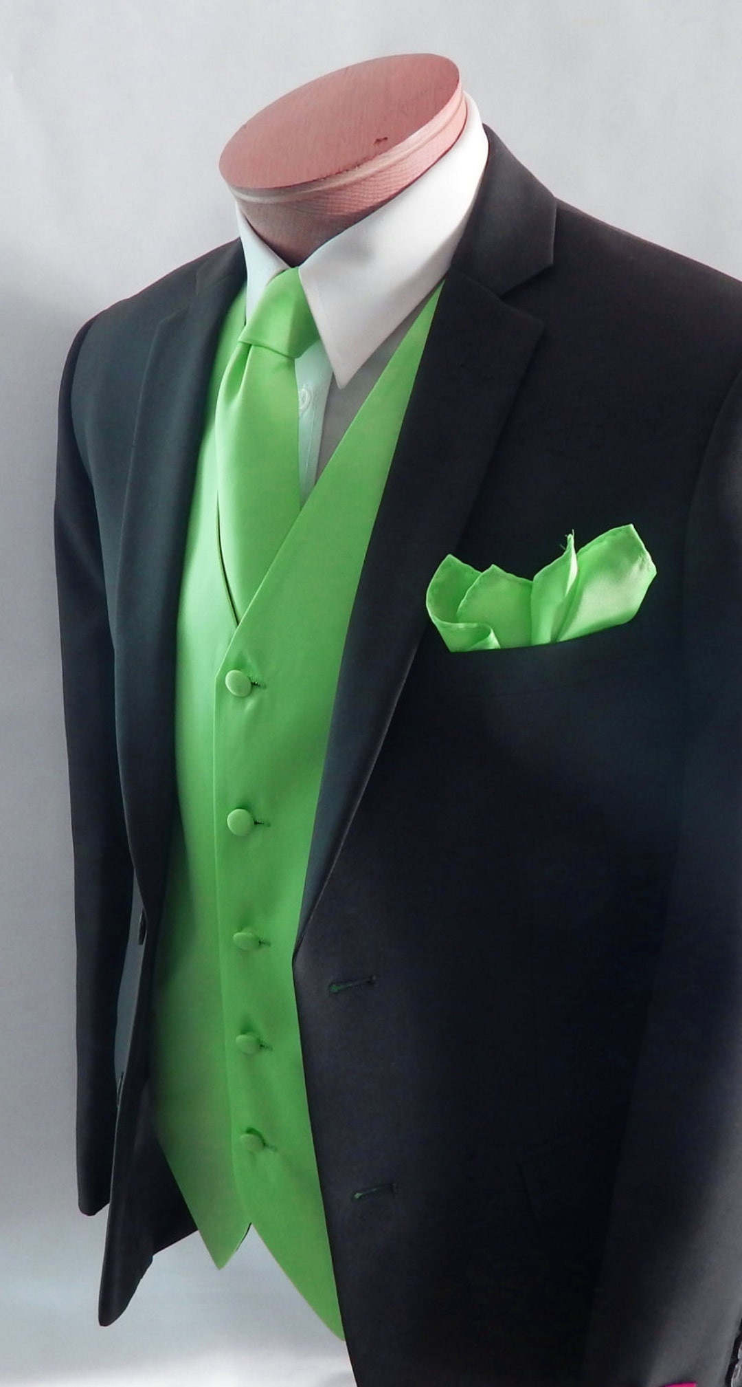 Mens Vest Spring Green Smooth Satin With Covered Buttons Vest Comes With Matching Tie And Pocket Square Black Adjustable Back