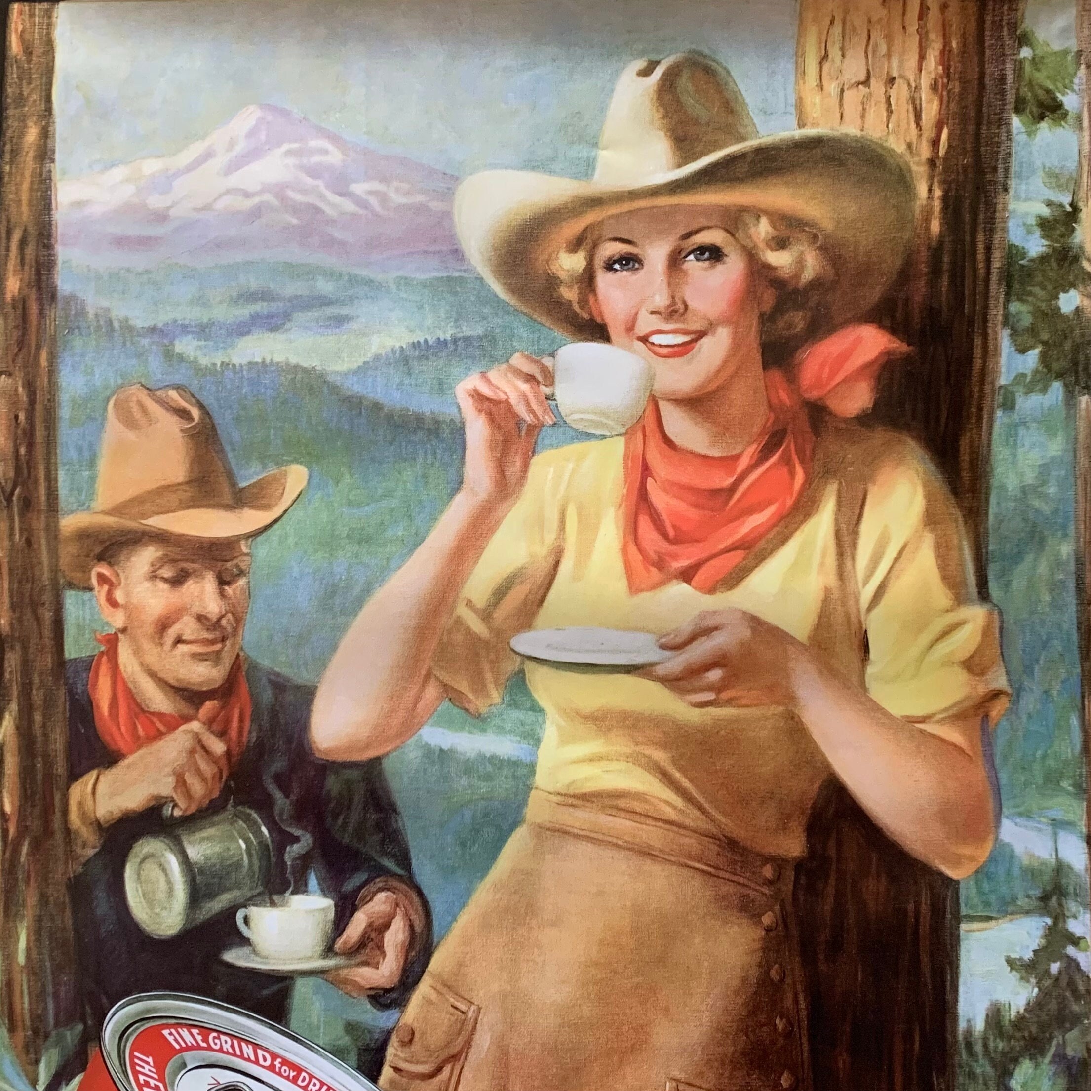 Large GOLDEN WEST COFFEE Cowgirl Advertising Poster Large Wall