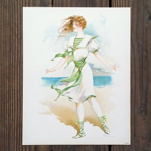 Vintage Original BEACH SWIM Sport Girl Victorian Lithograph Print 1908