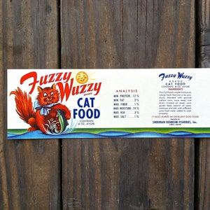 2 Vintage Original FUZZY WUZZY Cat Food Can LABEL 1950s Unused Kitty Labels