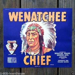 Vintage Original WENATCHEE CHIEF Apple Crate Box Label 1920s