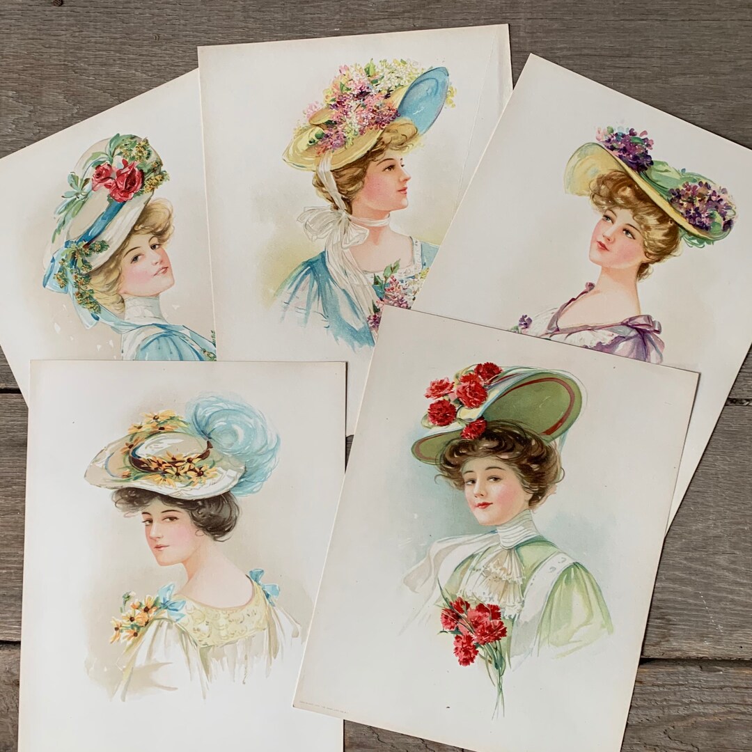 5 Diff 1908 Vintage EASTER HAT LADIES Collection Victorian Lithograph