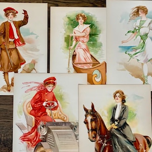 SPORT GIRLS COLLECTION Vintage Original Victorian Lithograph Prints 1900s 5 Different