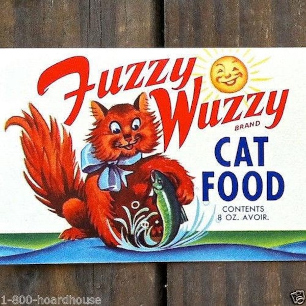 Vintage Original FUZZY WUZZY CAT Food Can Label 1950s