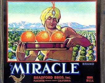 Vintage Original MIRACLE ORANGE CITRUS Crate Box Label 1920s