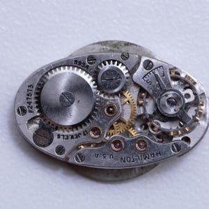 May include: Close-up of a vintage watch movement with visible gears, screws, and other mechanical components. The watch mechanism is oval-shaped and features the text "HAMILTON U.S.A." and "17 JEWELS". The serial number "F247573" is also visible.