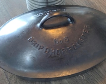 Rare Wagner #5 Cast Iron Oval Roaster with Lid and Trivet – 1920s Drip Drop Roaster 1285