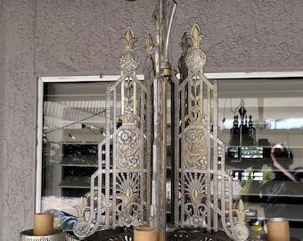 Vintage art deco 5 light metal chandelier, ornate skyscraper design 1920's 1930's