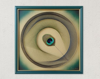 String Art with Peacock Feather - Green Gold - Framed Wall Art for Living Room for Nature Fans - Zen Art - Top Birthday Gift for Him or Her