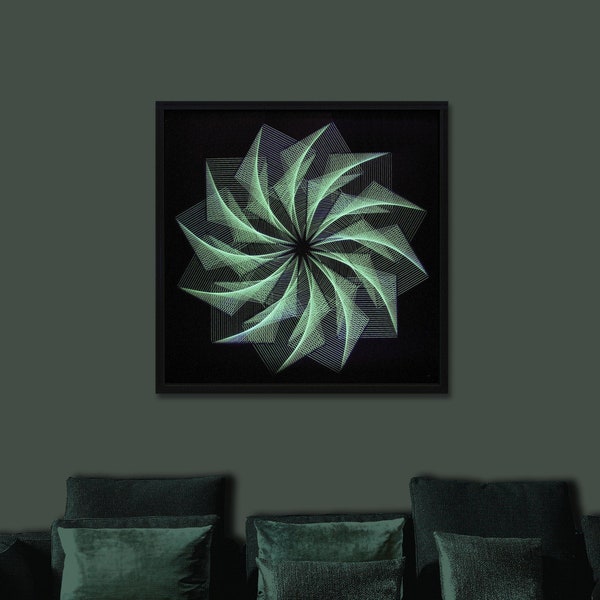 Large Green Neon String Art Framed – 3D Flower, Glow in the Dark Zen Wall Art