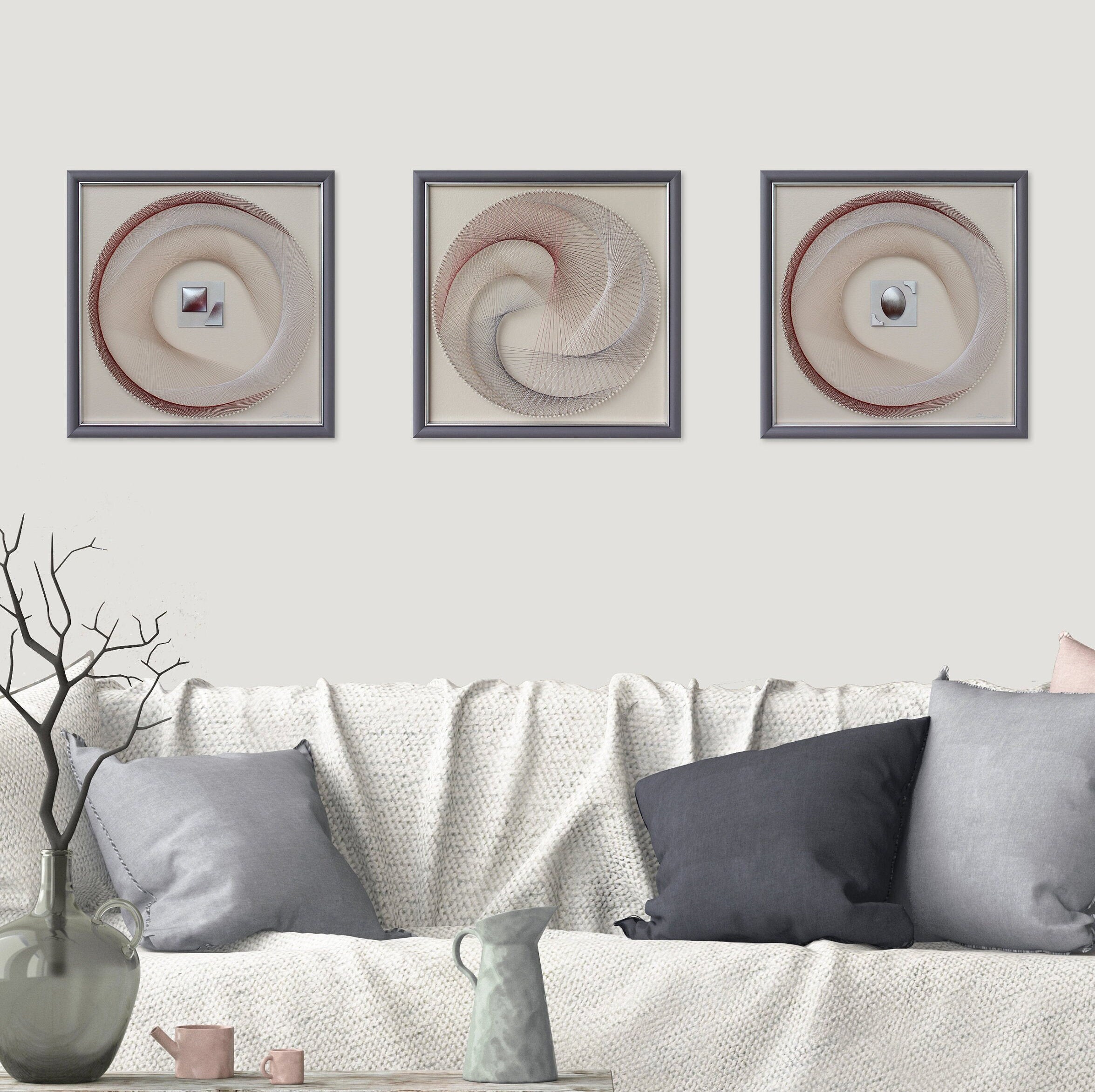 Zen Wall Art Grey - Abstract String Art Set of 3 with Relief - Geometric Wall Art Natural for Living Room - Nordic 3D Wall Art Framed