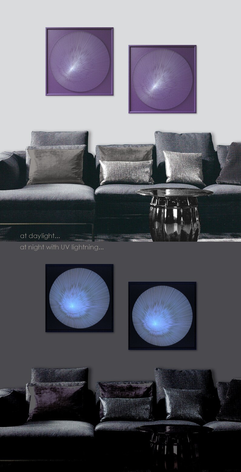May include: Two square framed wall art pieces with a circular design. The design is made of white thread on a purple background. The art is shown hanging above a grey sofa with cushions. The same art is shown again in a darker setting with the thread glowing blue under UV light.