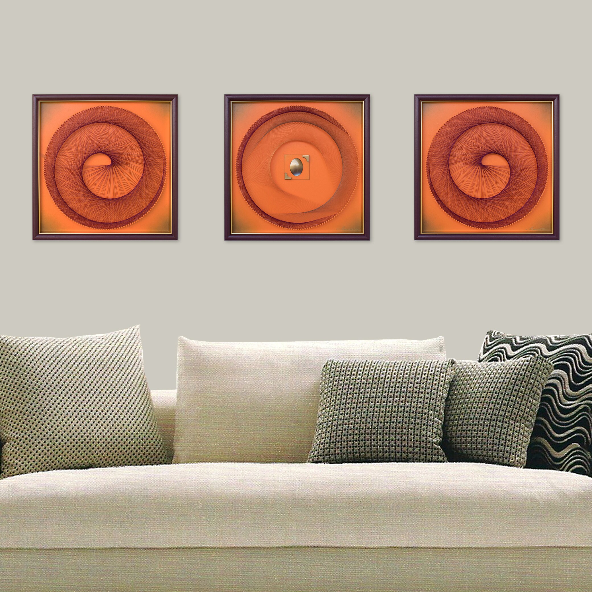 Decorazione murale arancione con cornice - Arte geometrica con fili per soggiorno moderno - Decorazione murale zen sopra il divano Boho - Arte fatta a mano - Regalo per lei